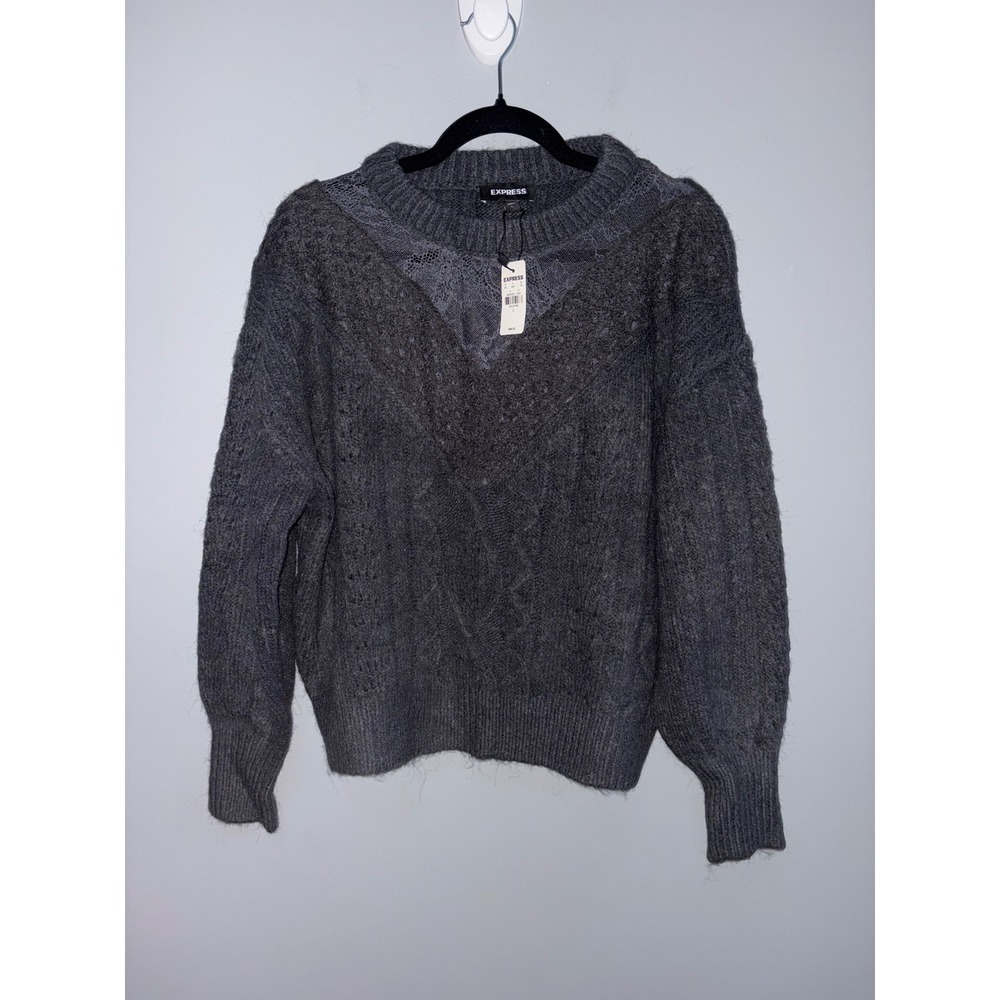 Express Women Gray Cable Knit Lace Yoke Sweater NWT Size L